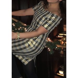 Gold tartan bardot off the shoulder cocktail dress